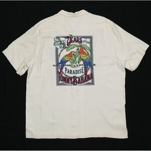 Tommy Bahama 25 Years of Paradise Silk Camp Shirt Men XL Parrot Embroidered READ
